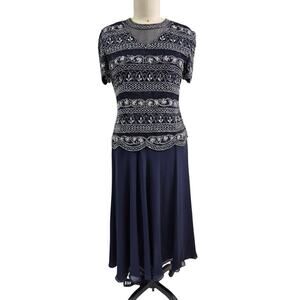 Papell Boutique Evening Navy Blue Silk Gown Beaded Sz 10 Mother of Bride